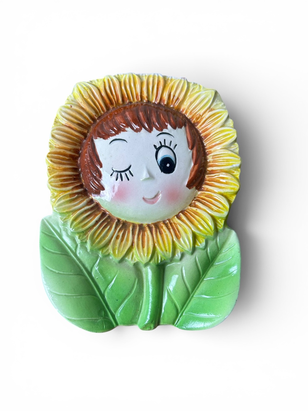Vintage Ceramic Sunflower Girl Wall Pocket Hanging Planter Japan